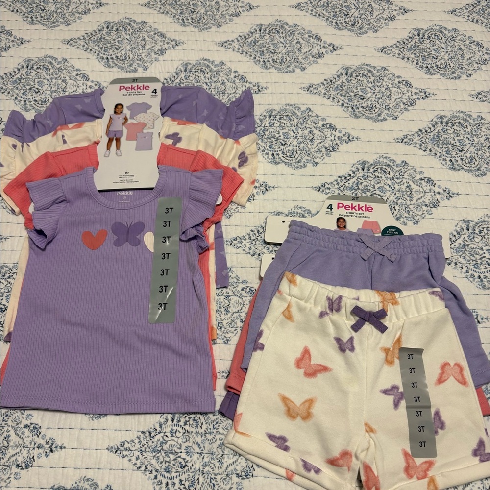Pekkle Toddler 4-Piece Butterfly Tee & Shorts Set - Purple, Cream, Coral